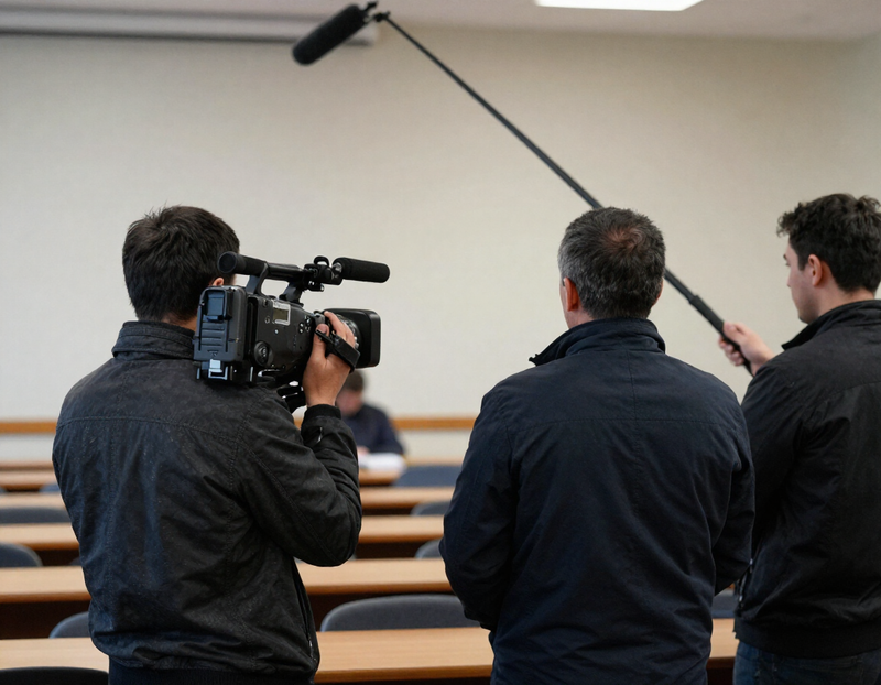 A videographer with a shoulder camera and a sound recordist with a boom pole at the side of a public meeting room