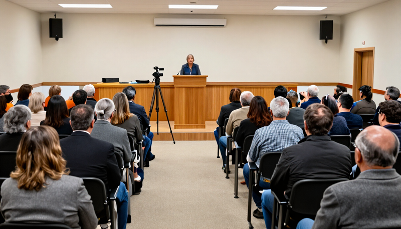 Illustration of a speaker at a podium in a town hall meeting room with attendees seated in rows