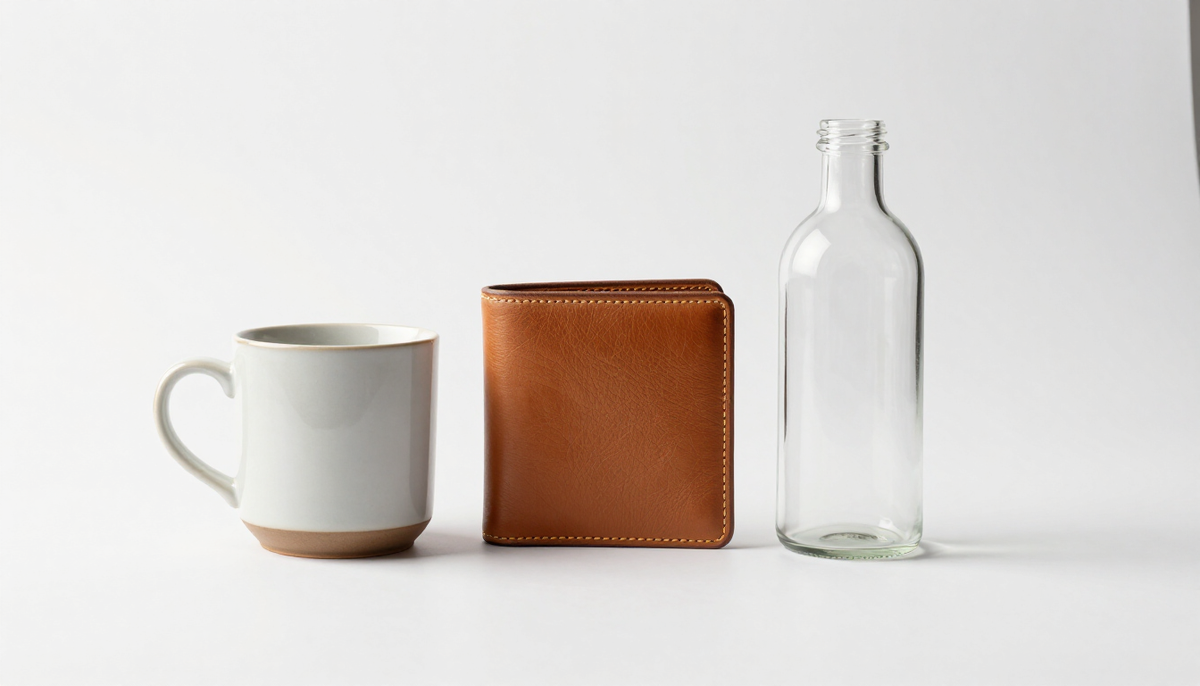 A ceramic mug, a leather wallet and a glass bottle arranged on a clean white backdrop with soft studio lighting