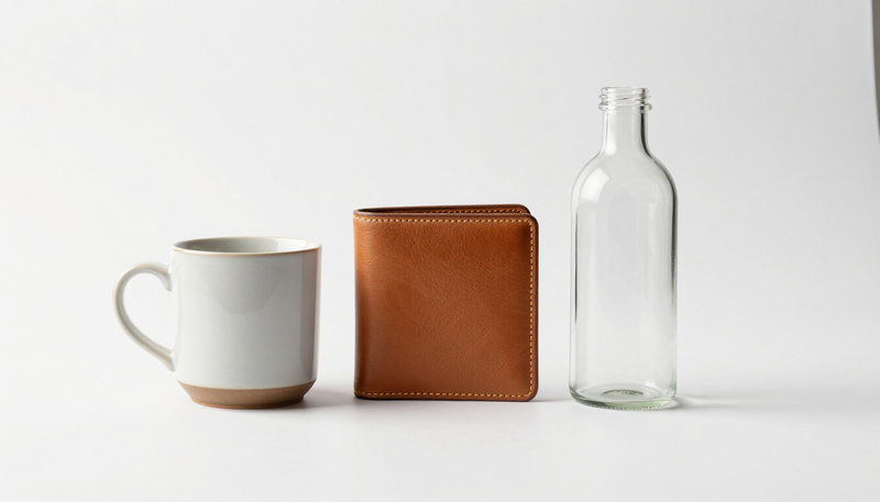 Illustration of a mug, a wallet and a bottle on a clean white backdrop