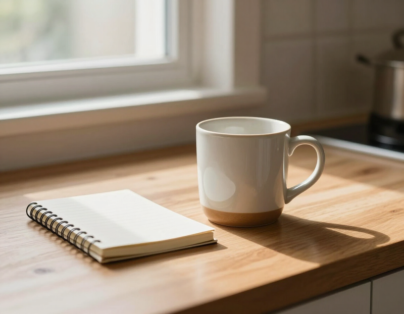 A ceramic mug and a notebook on a wooden kitchen counter in soft morning window light