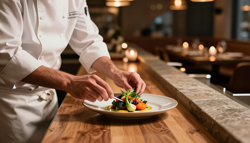 Illustration of a chef's hands plating a dish at the pass of a warmly lit restaurant