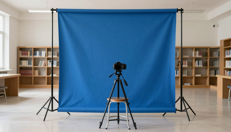 Illustration of a school gym set up with a camera, a blue backdrop and a stool for portrait day