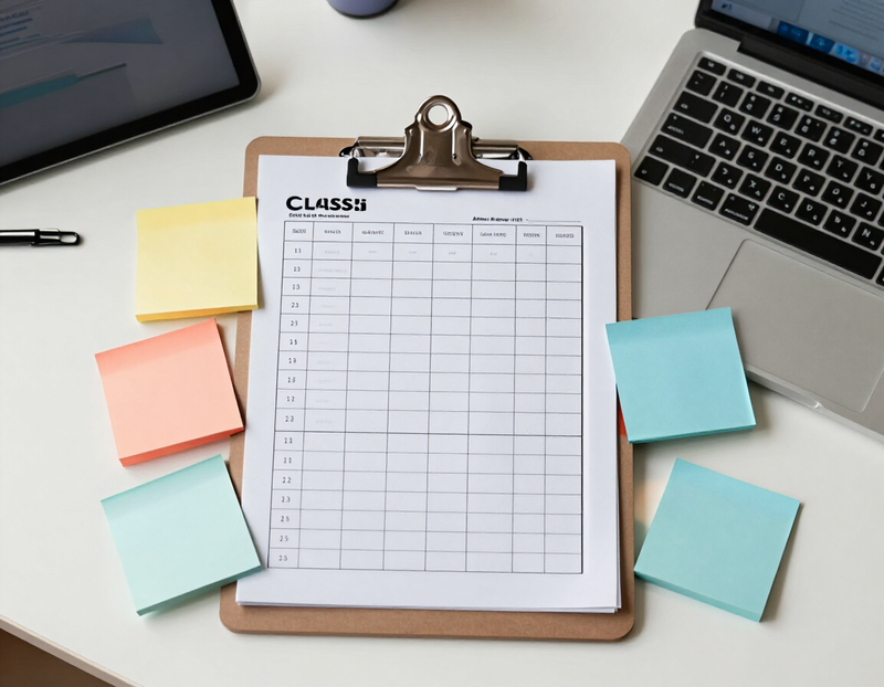 A school administrator's desk with a clipboard schedule, sticky notes and a laptop