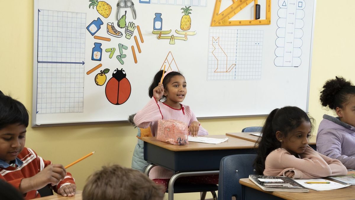 Student smiling with a raised hand during a classroom lesson