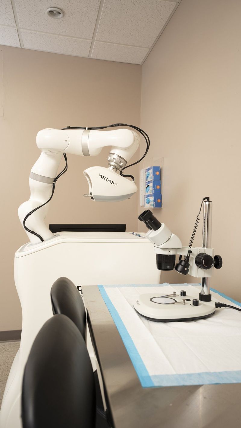 Articulated clinical device beside a treatment chair