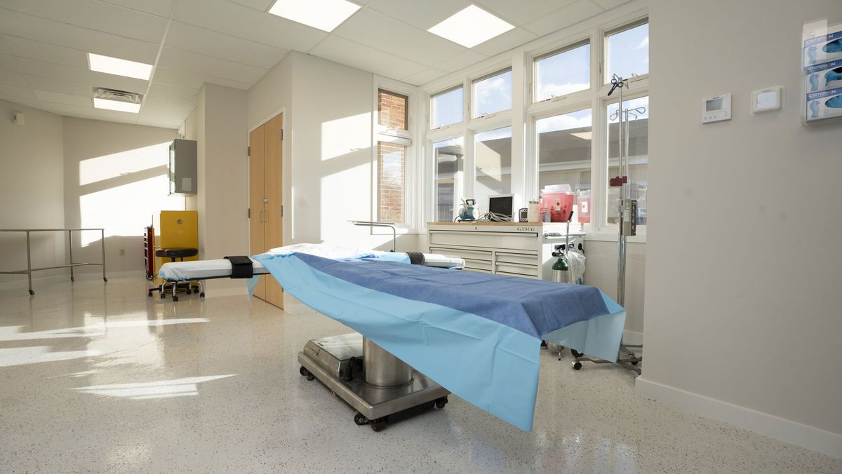 Bright clinical room with a blue-covered table and large windows