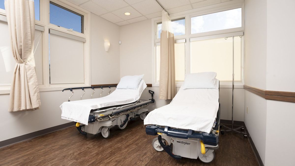 Two recovery beds beside curtained windows