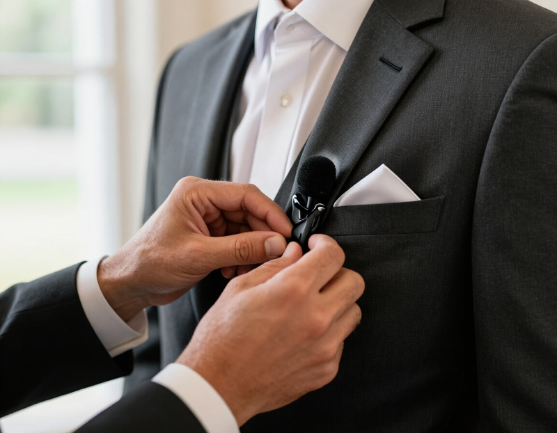 An officiant's hands clipping a small wireless microphone to a groom's lapel before a ceremony
