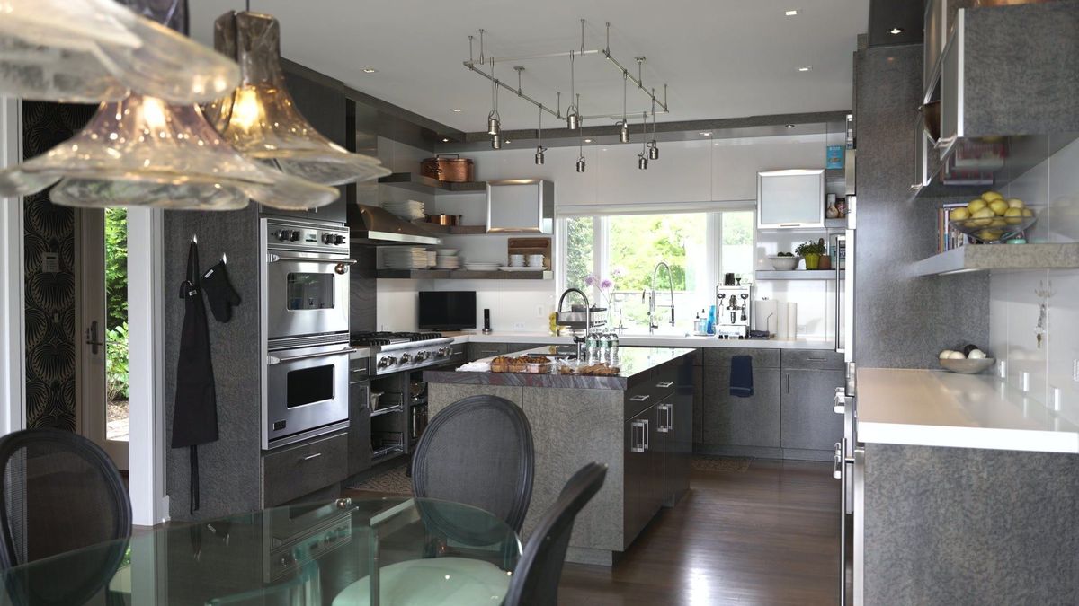 Kitchen island and cooking area inside the waterfront home