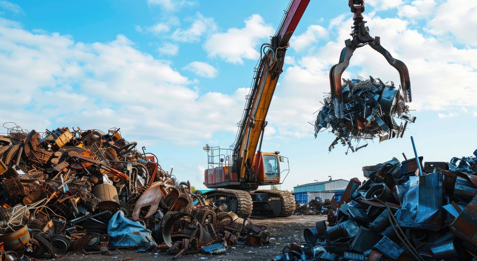 A large excavator lifts scrap metal against a cloudy sky, piles of rusty metal below A large excavator lifts scrap metal against a cloudy sky, piles of rusty metal below