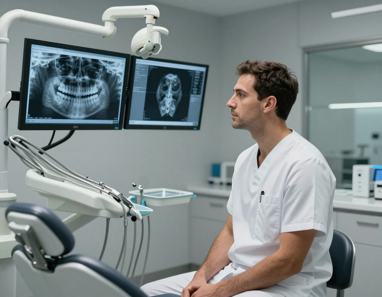 Periodontist consulting in a treatment room