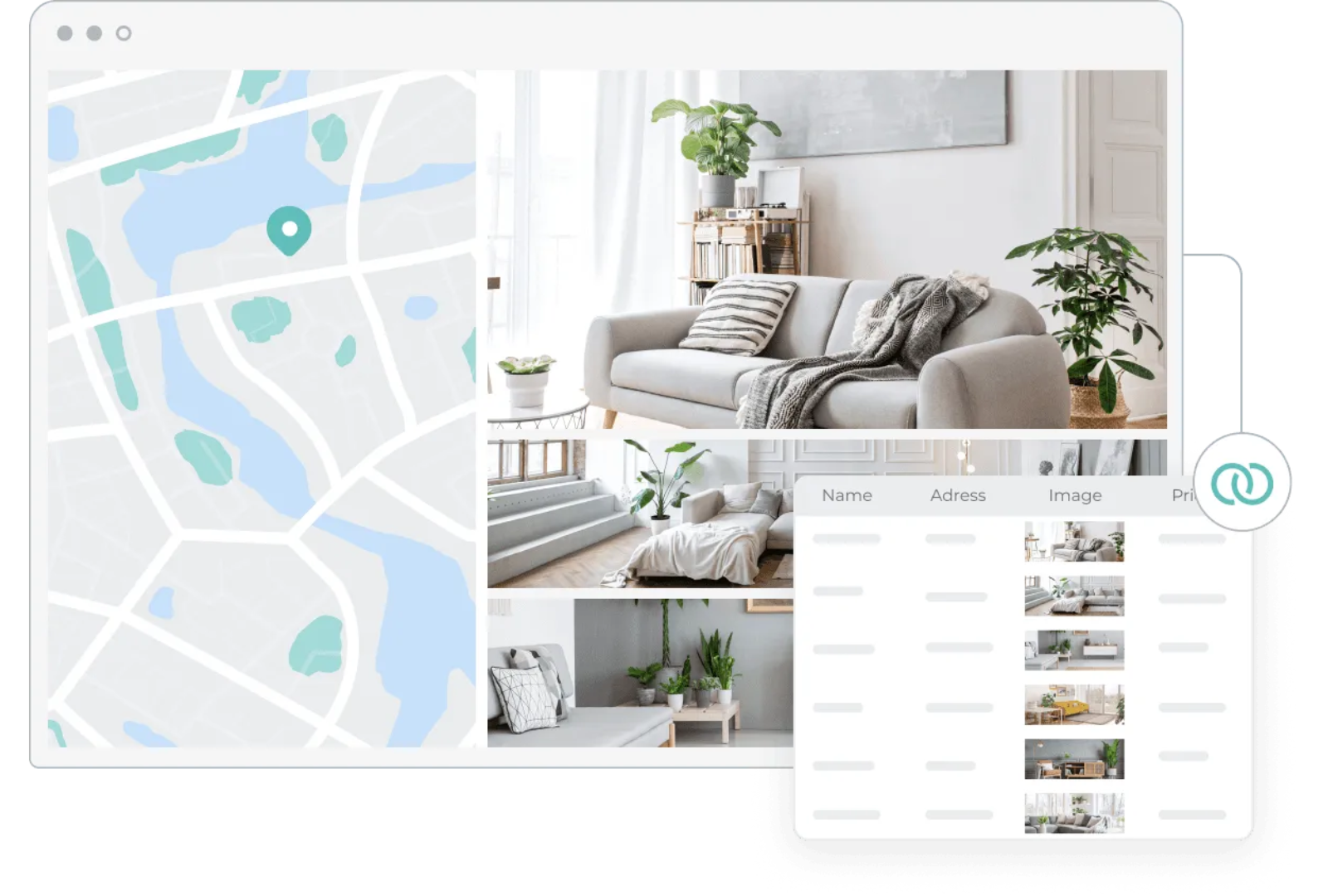 A living room with a couch , chairs , plants and a map.
