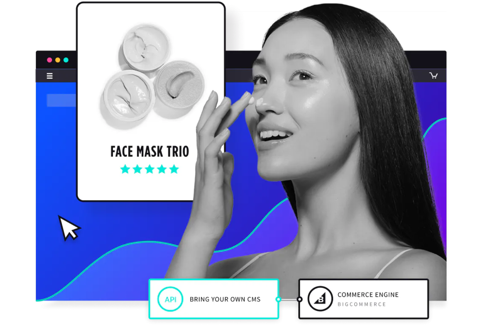 A black and white photo of a woman applying a face mask.