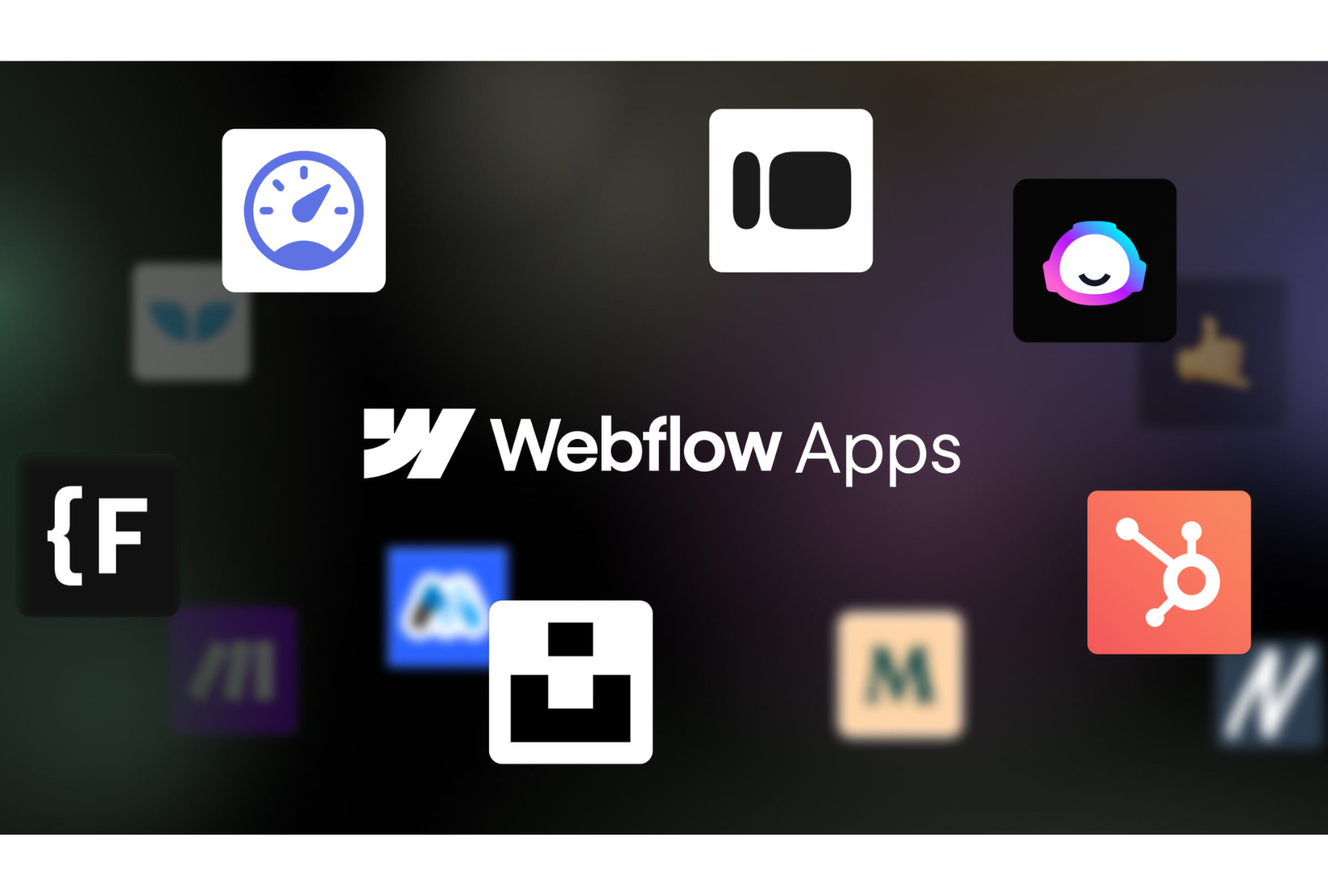 The webflow apps logo is surrounded by various apps