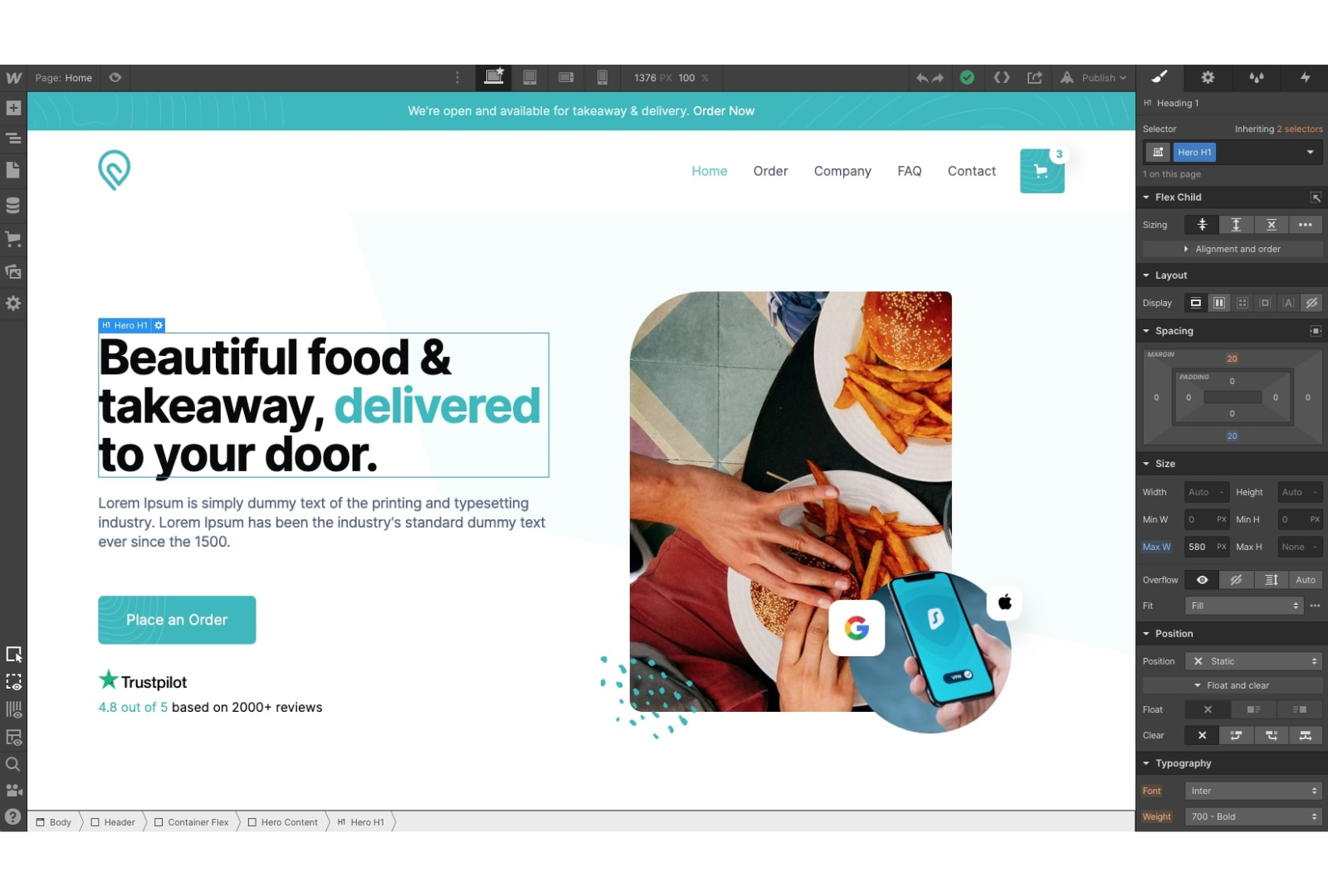 A computer screen shows a website for beautiful food and takeaway delivered to your door.