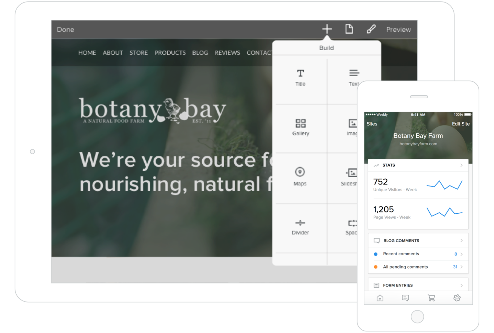A tablet and a cell phone displaying a website for botanic bay
