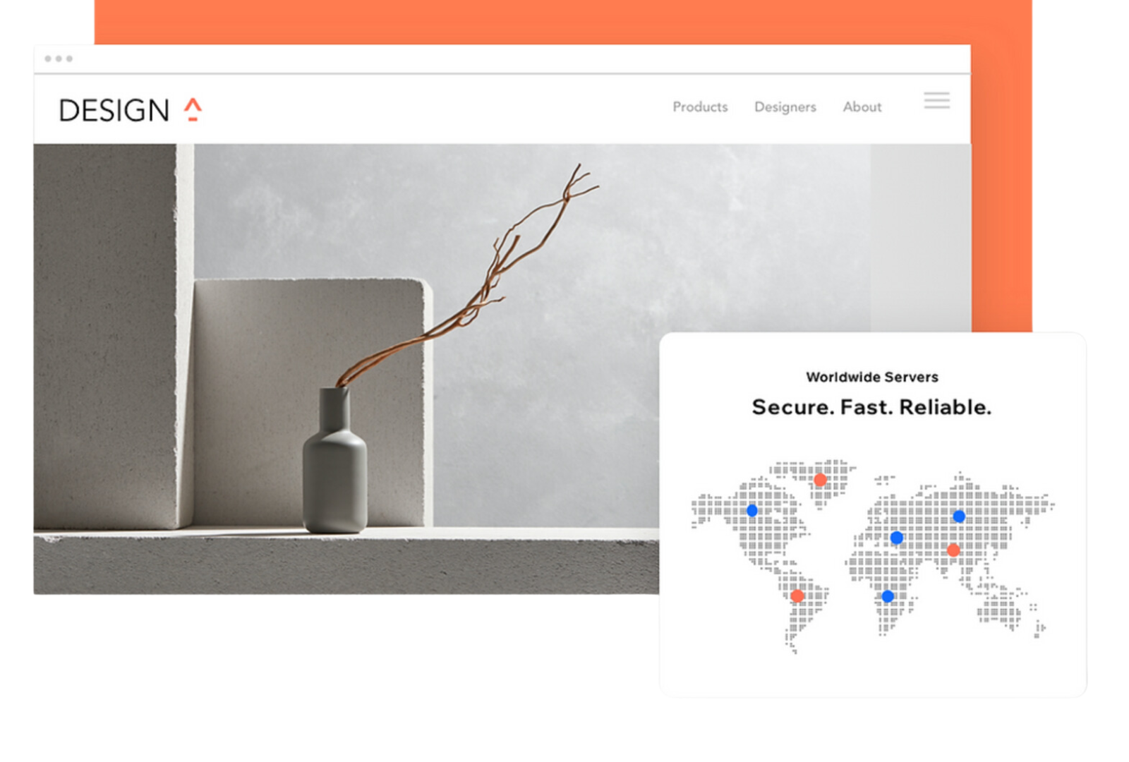 A vase with a branch in it is on a shelf next to a map of the world.