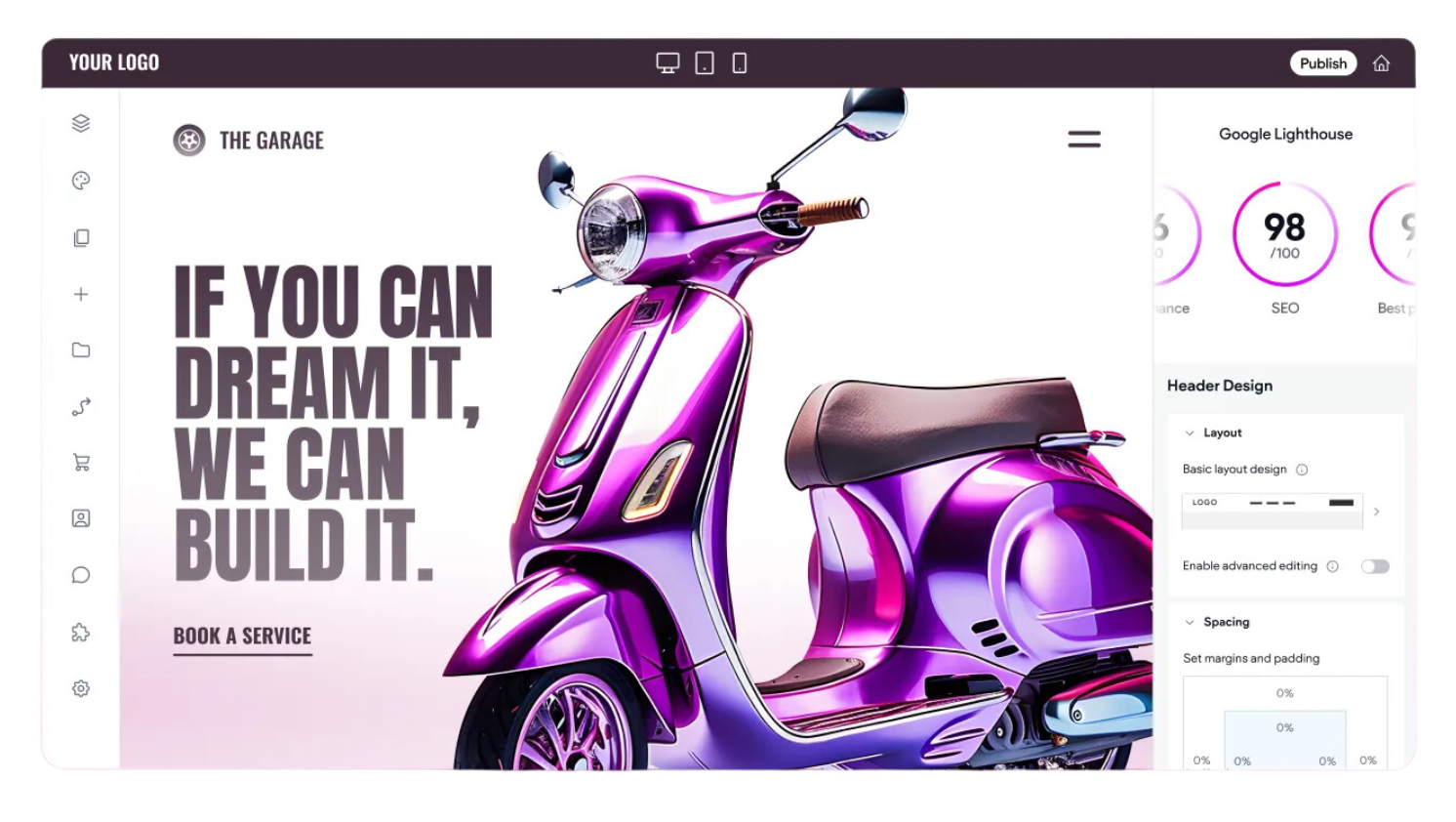A purple scooter is on a website with a quote that says `` if you can dream it , we can build it . ''