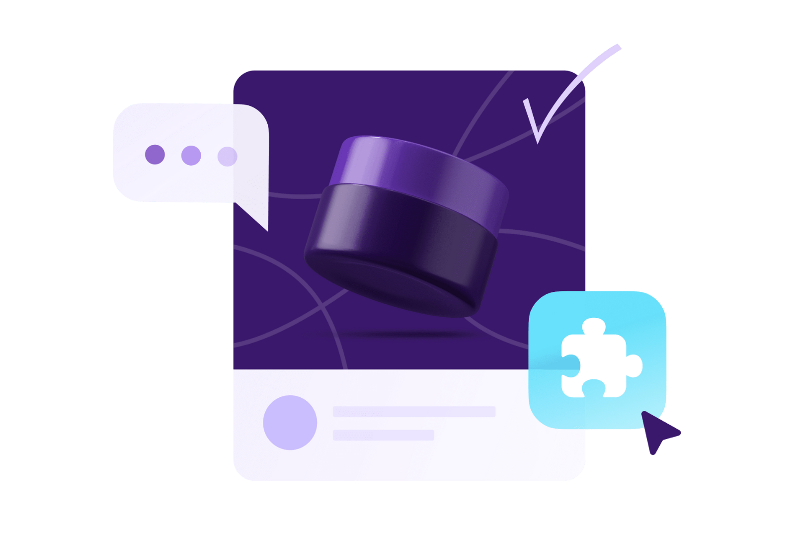A purple jar is sitting on top of a purple surface next to a puzzle piece.