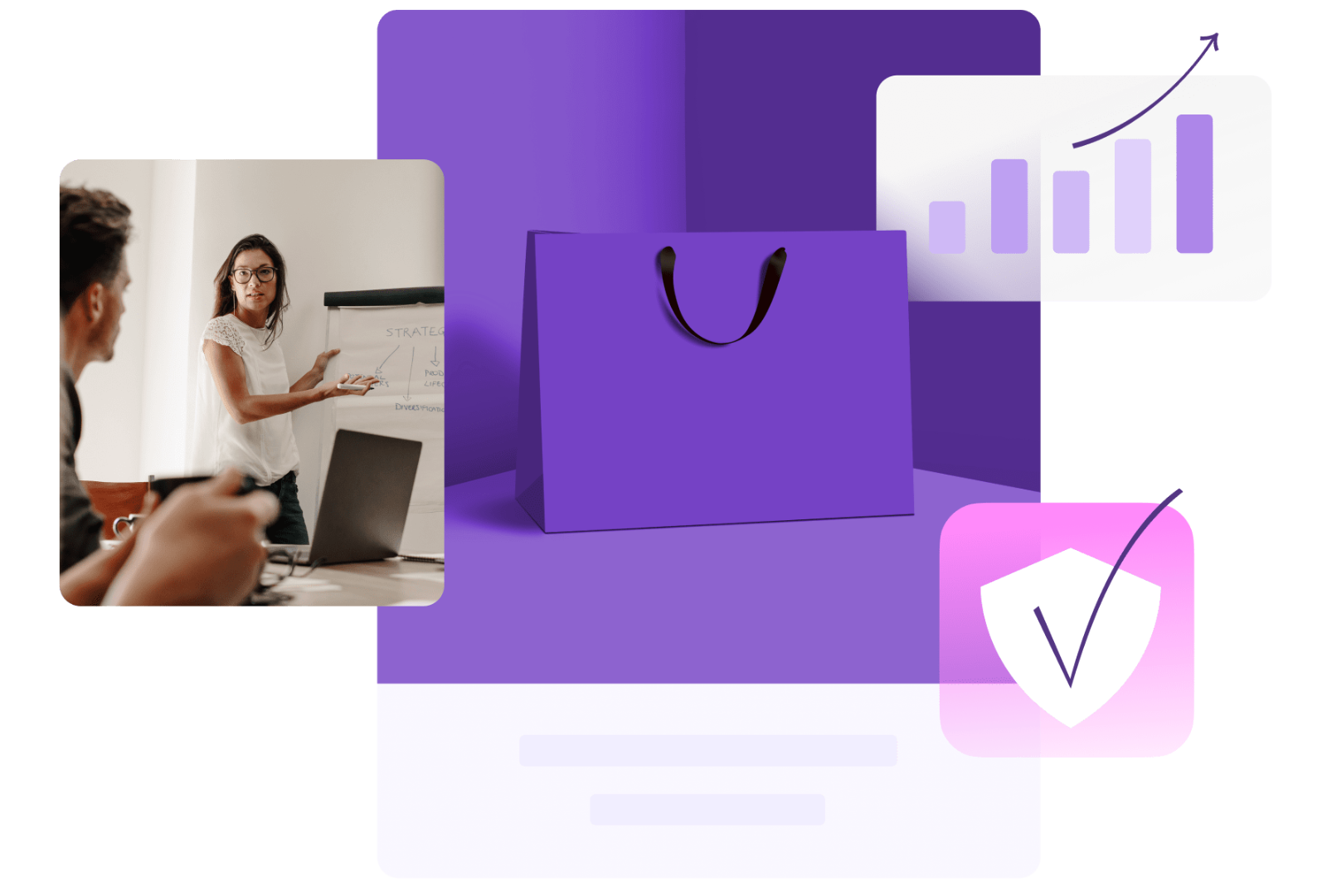 A man and a woman are sitting at a table with a laptop and a shopping bag.