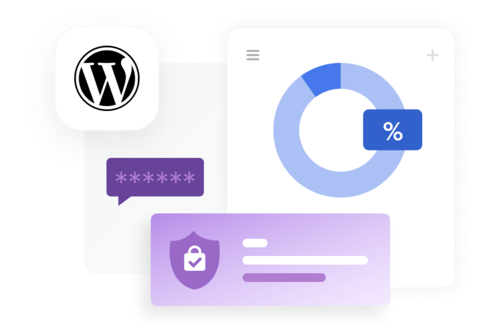 A graphic of a dashboard with a wordpress logo , a pie chart , a shield , and a password.