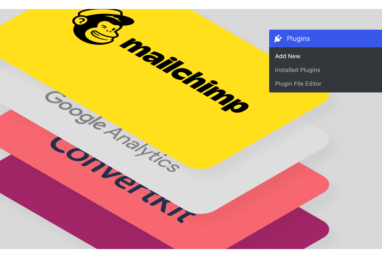 A stack of mailchimp google analytics convertkit cards