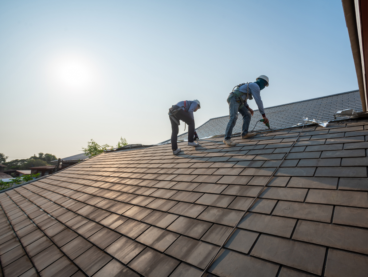 Two workers repairing a shingled roof in bright sunlight