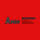 Amen Roofing logo on red background, with repairs, installations, metal shingles, rubber, and PVC text