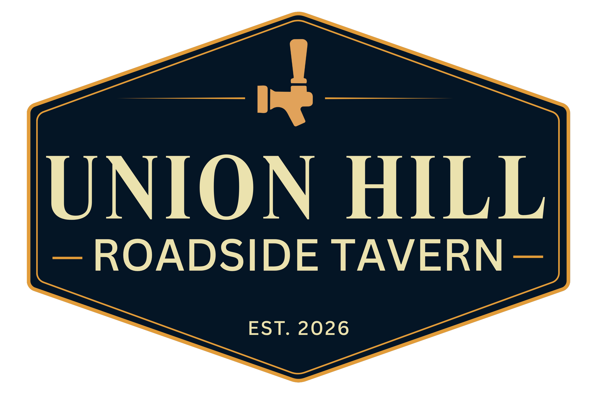 Dark navy hexagonal logo reading &ldquo;Union Hill Roadside Tavern,&rdquo; with gold border and &ldquo;EST. 2026.&rdquo;