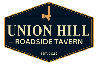 Dark navy hexagonal logo reading &ldquo;Union Hill Roadside Tavern,&rdquo; with gold border and &ldquo;EST. 2026.&rdquo;