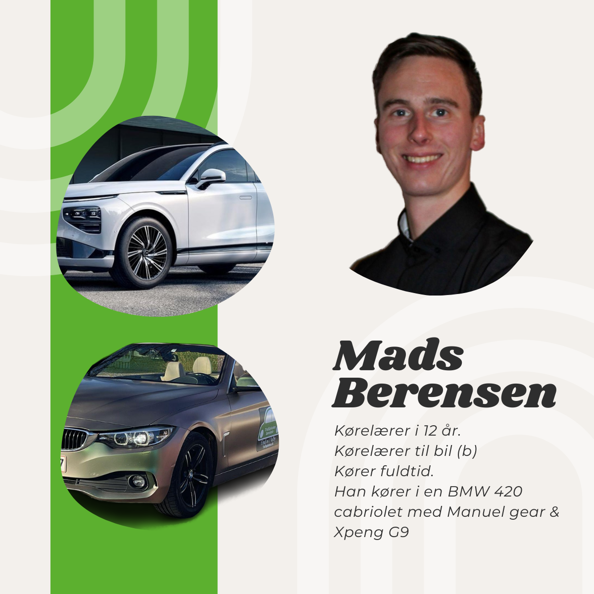 a picture of a man and a car with the name mads berensen