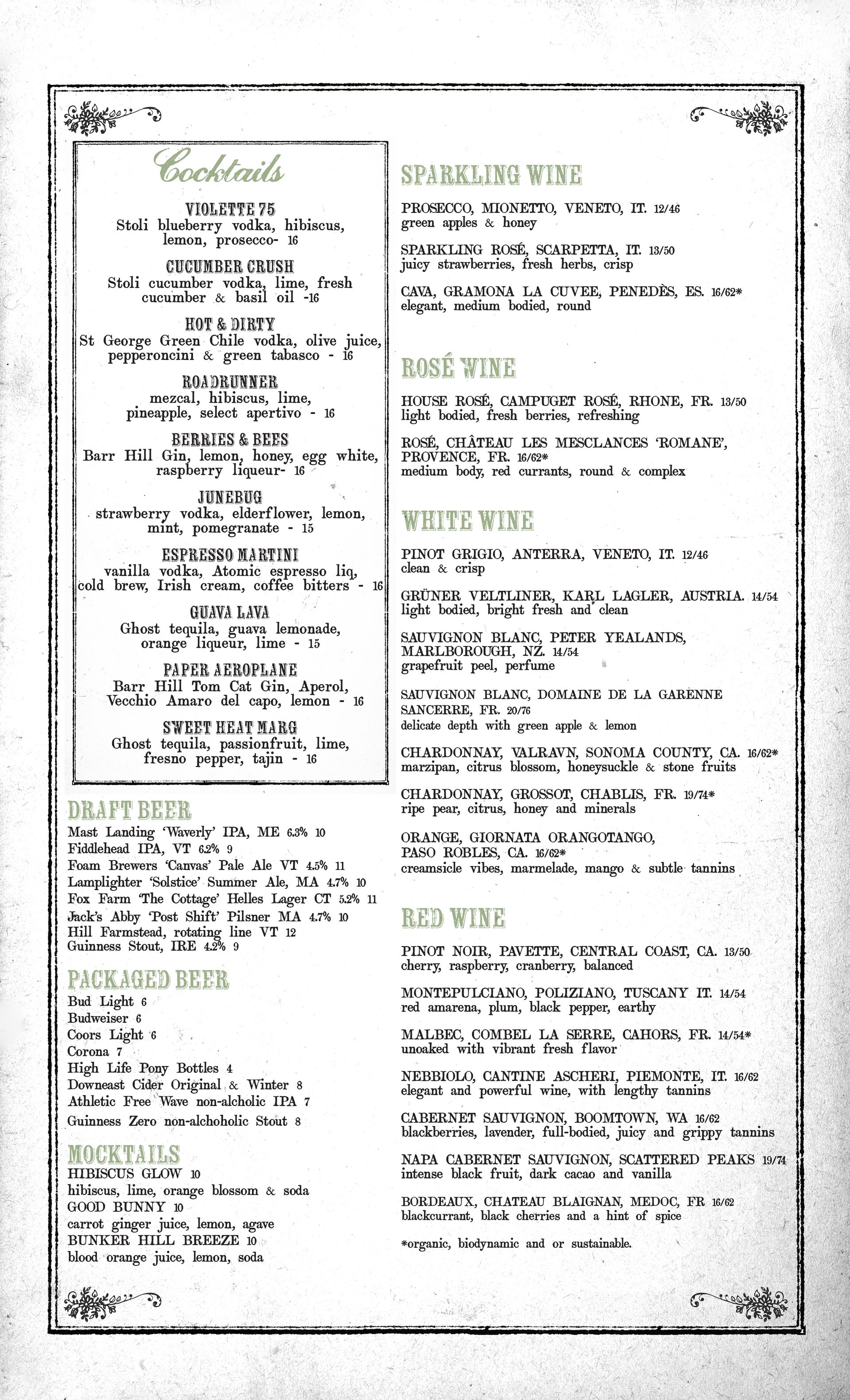 Waverly Kitchen & Bar dinner menu with burgers, sandwiches, salads and dinner dishes in Charlestown Boston