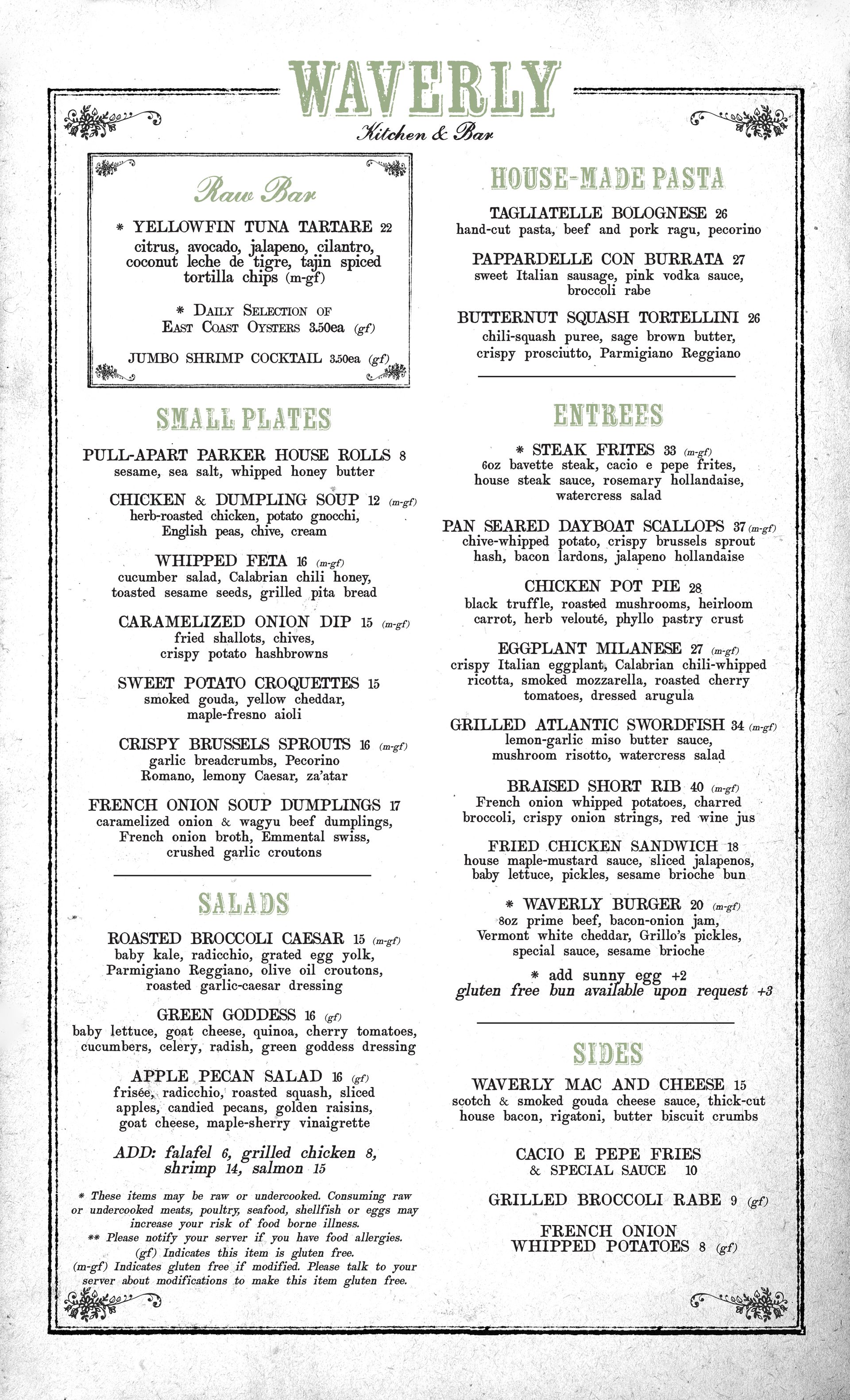 Waverly Kitchen & Bar dinner menu with raw bar, small plates, house-made pasta and entrées in Charlestown Boston