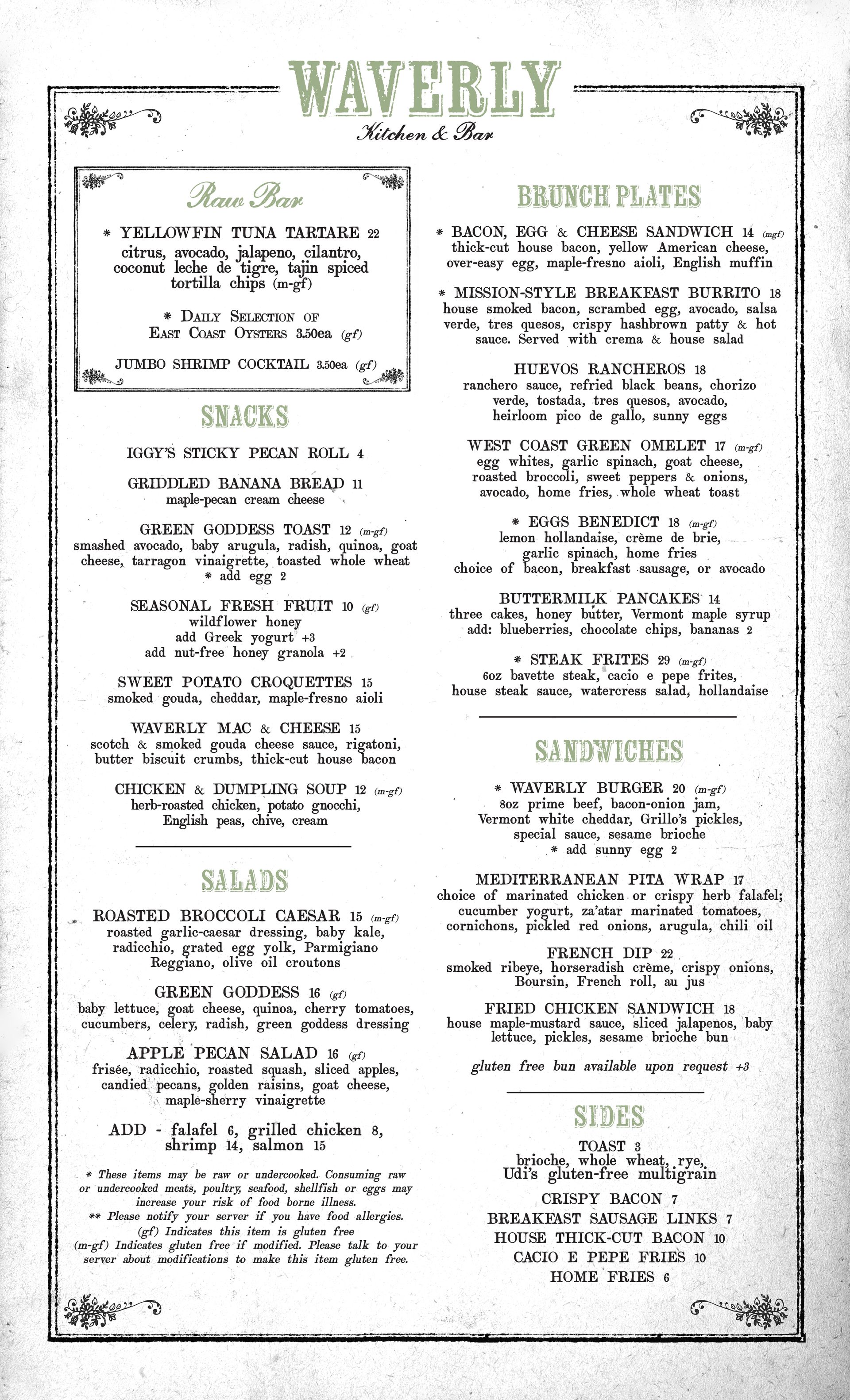 Waverly breakfast and lunch menu in Charlestown Boston