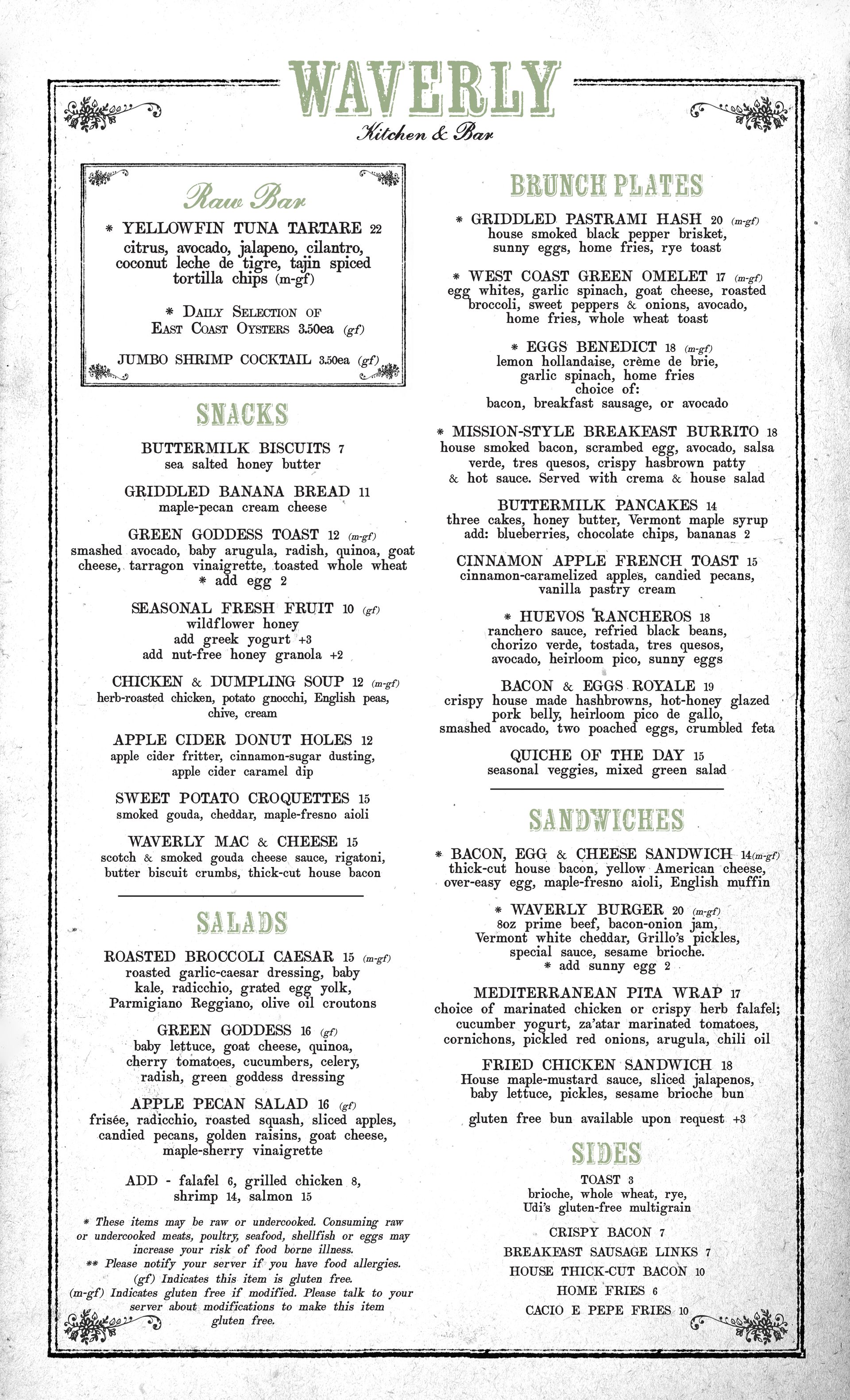 Waverly Kitchen & Bar breakfast and brunch menu in Charlestown Boston – Friday through Sunday