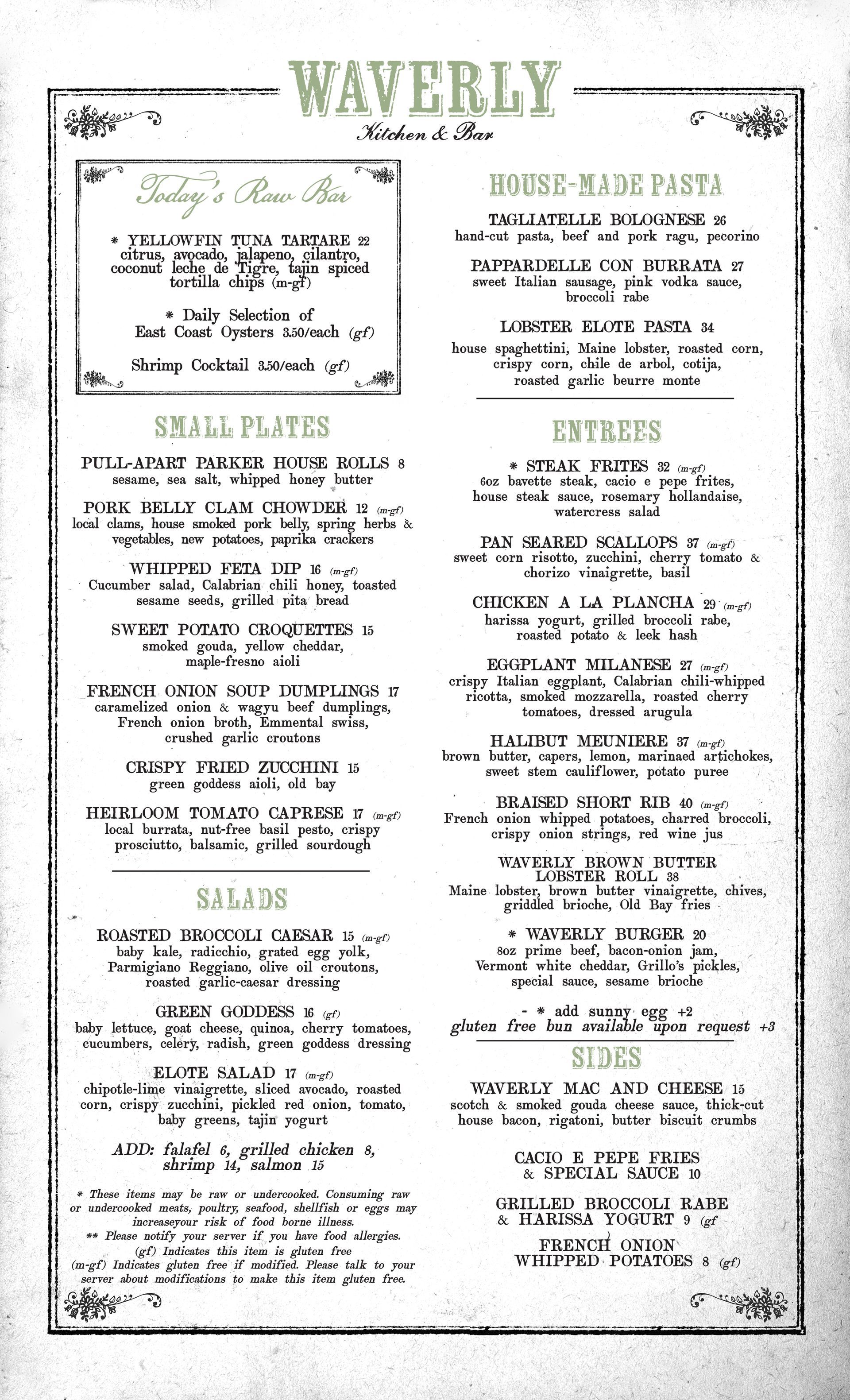 Waverly Kitchen & Bar dinner menu with raw bar, small plates, house-made pasta and entrées in Charlestown Boston