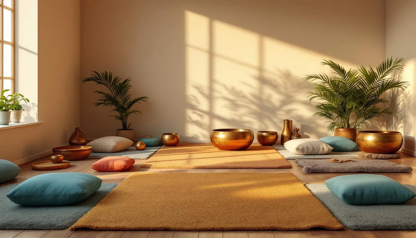 A sunlit meditation room with rugs, plants, cushions, and gold bowls.