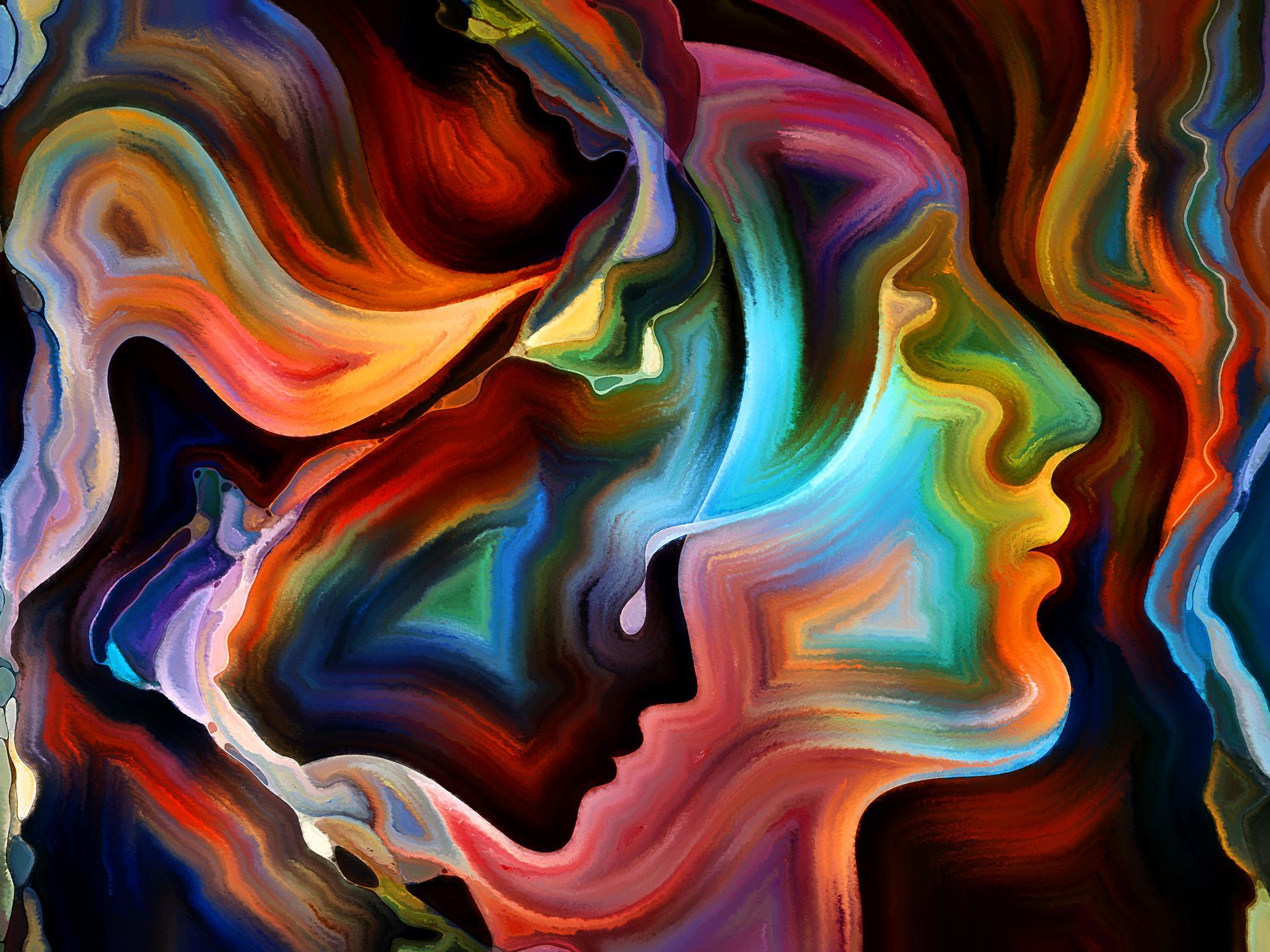 Abstract painting of colorful, overlapping faces; blues, greens, reds, and yellows blend fluidly.