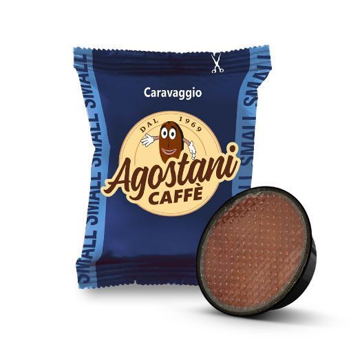 Cialda di caffè Agostani Caffè con confezione. La cialda è marrone. Confezione blu e oro.