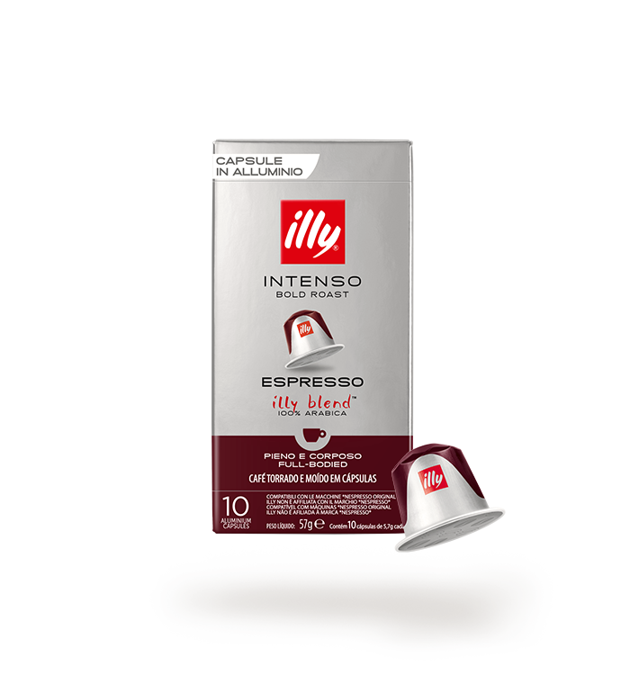 Scatola di capsule di caffè espresso Illy Intenso, con una capsula accanto.