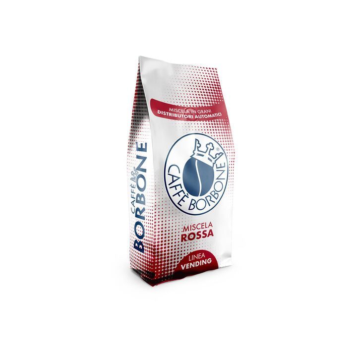 Sacchetto di chicchi di caffè Caffè Borbone Rossa, bianco con dettagli rossi e logo.