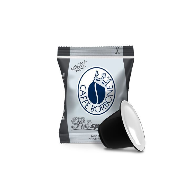 Capsule e bustine di caffè Caffè Borbone, nero e argento.