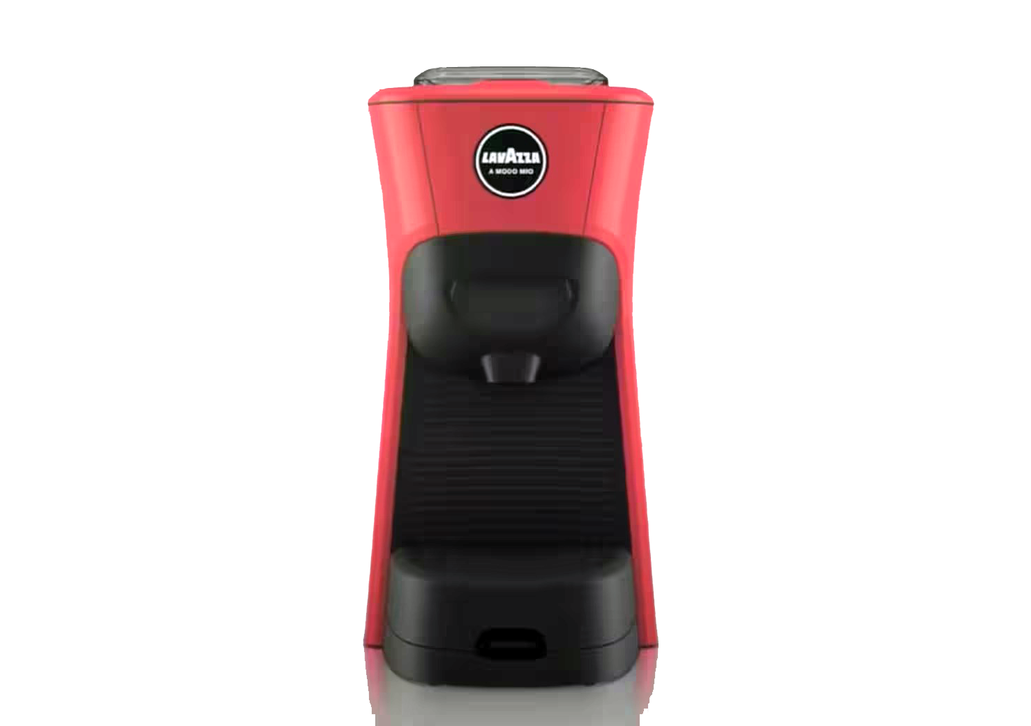 Macchina per caffè a capsule Lavazza rossa con beccuccio e base neri.