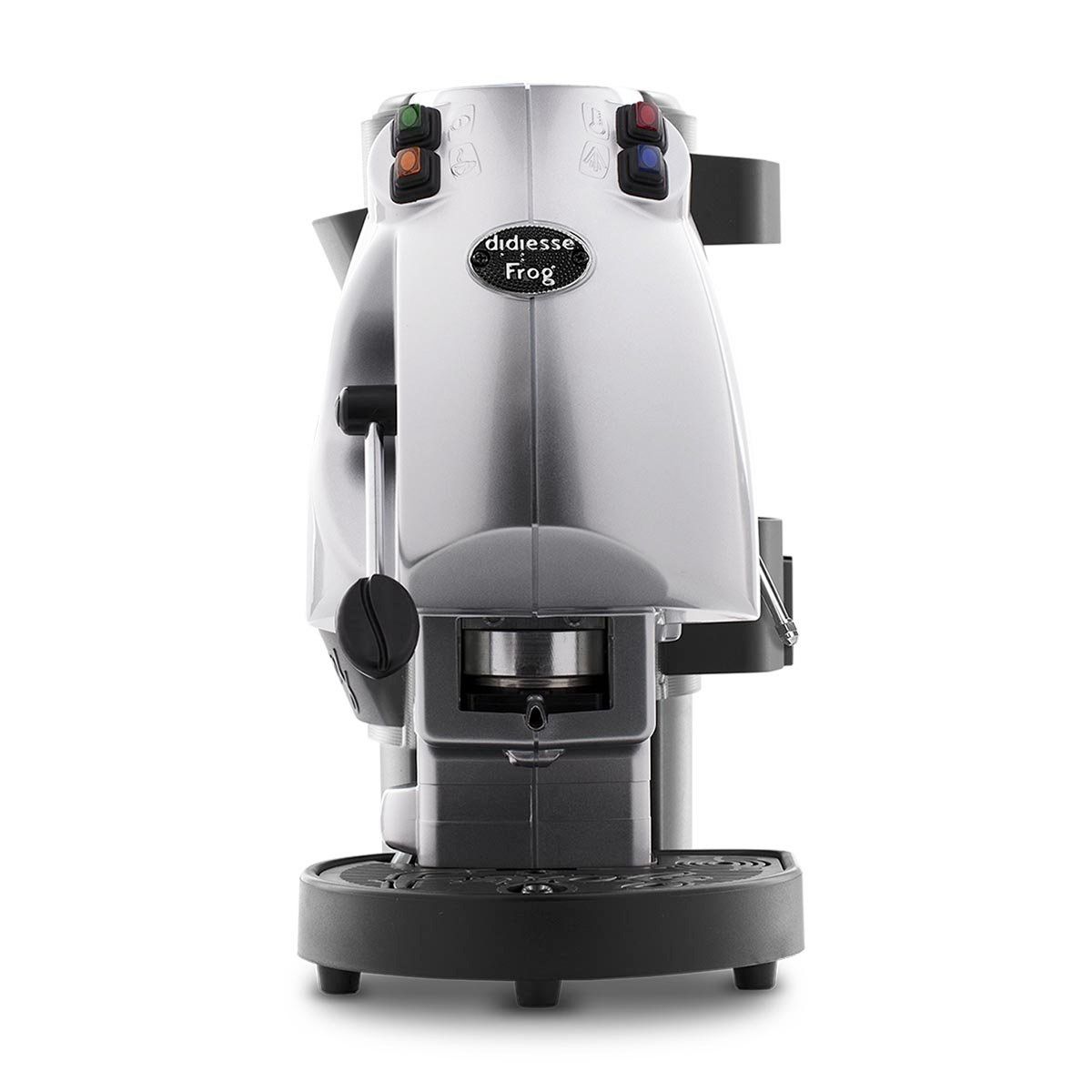 Macchina per caffè espresso color argento e nero con tre pulsanti colorati sulla parte superiore.