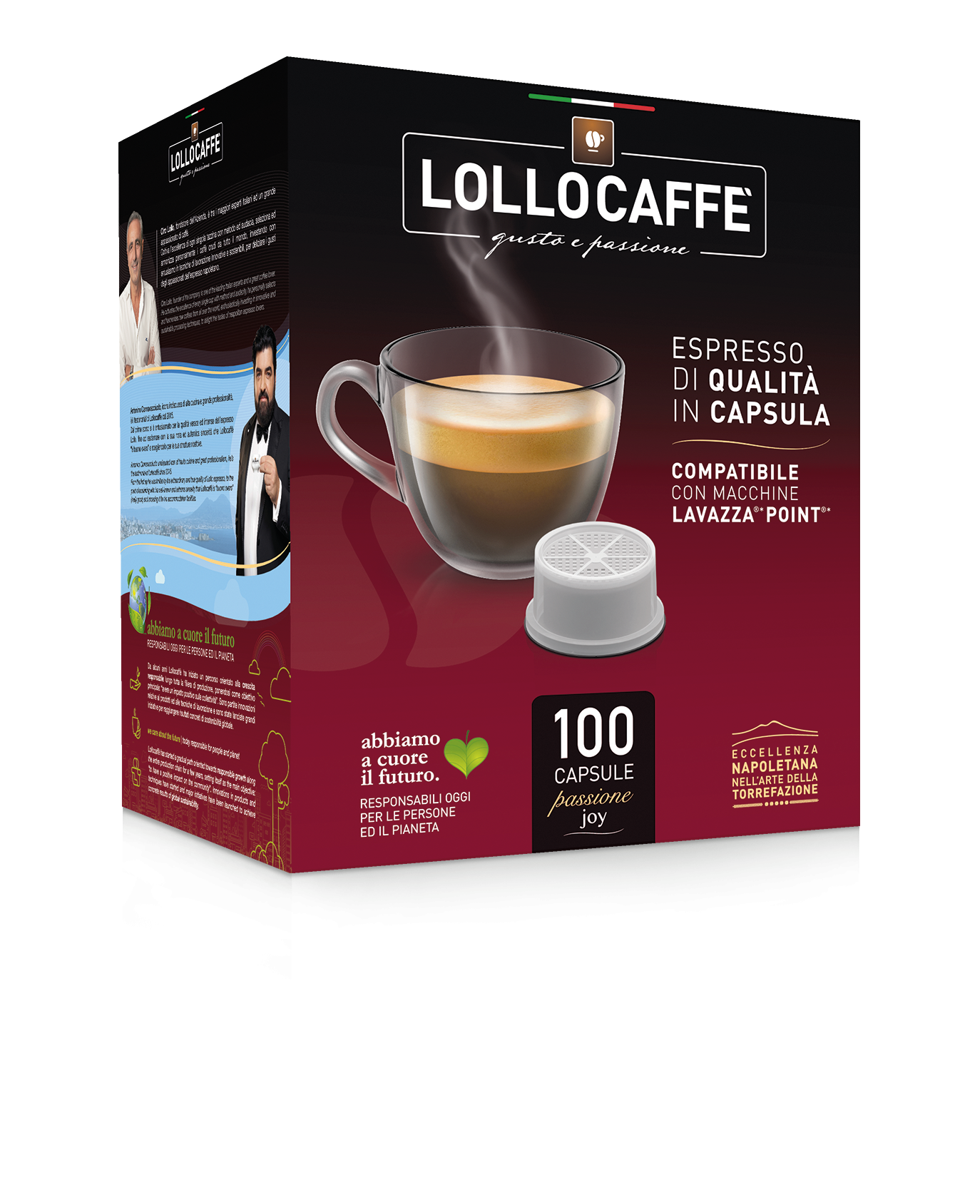 Scatola di capsule di caffè Lollo Caffè, con raffigurata una tazzina di espresso e una capsula.