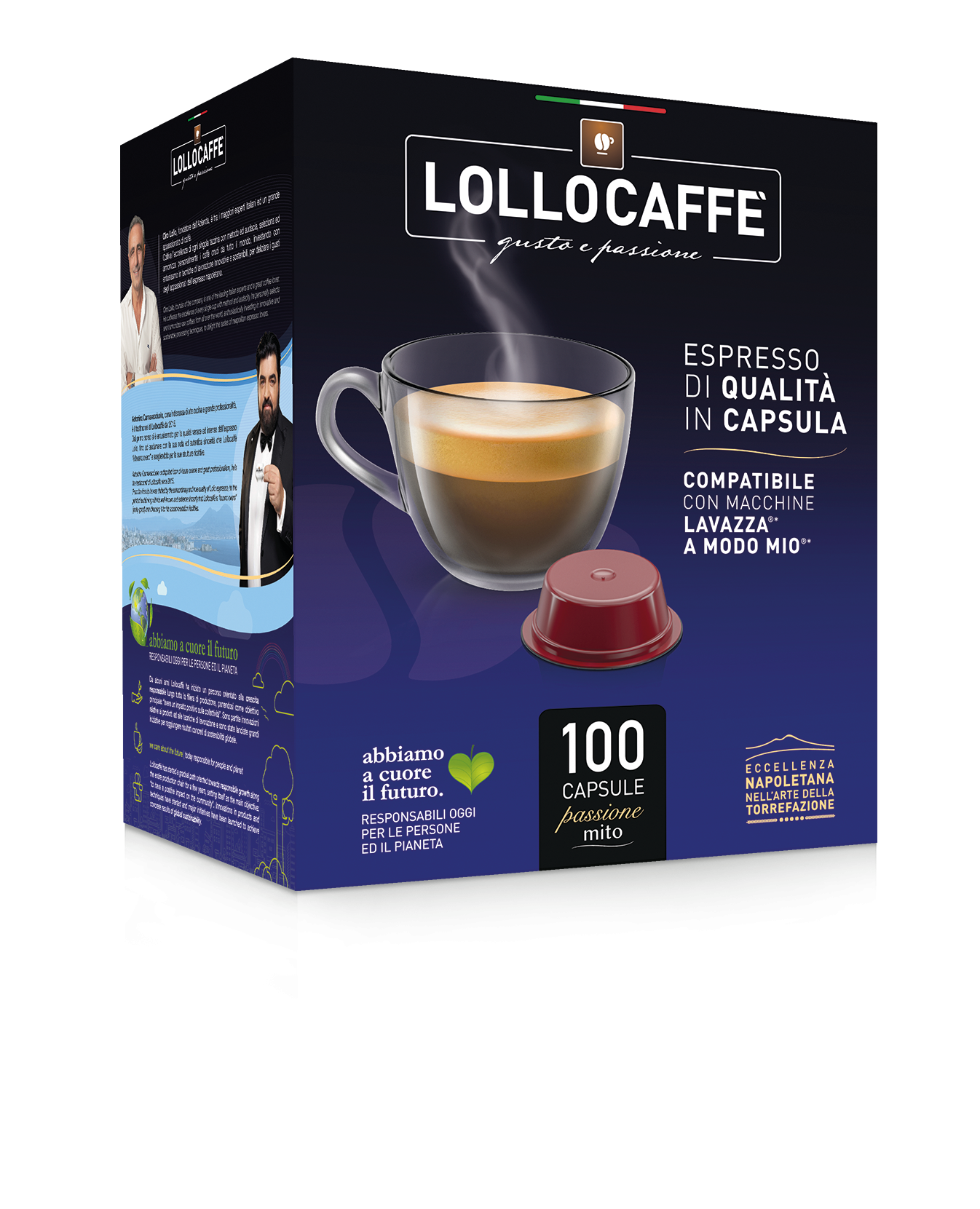 Scatola di capsule di caffè espresso Lollo Caffè, con grafica a tazzina e capsula rossa. Contiene 100 capsule.