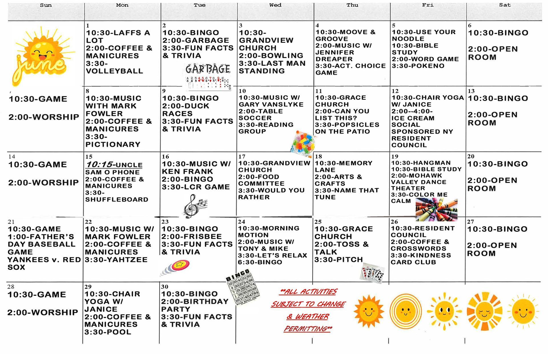 February activity calendar with events like bingo, music, and Valentine's Day.
