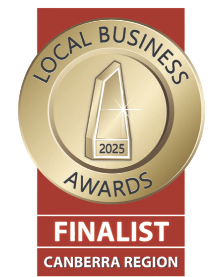 Local Business Awards finalist badge, gold and red, Canberra Region, 2025.
