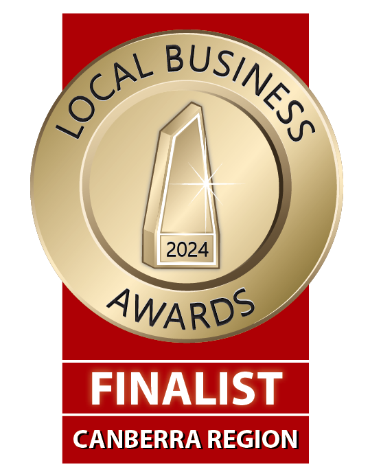Local Business Awards finalist badge, gold and red, Canberra Region, 2024.